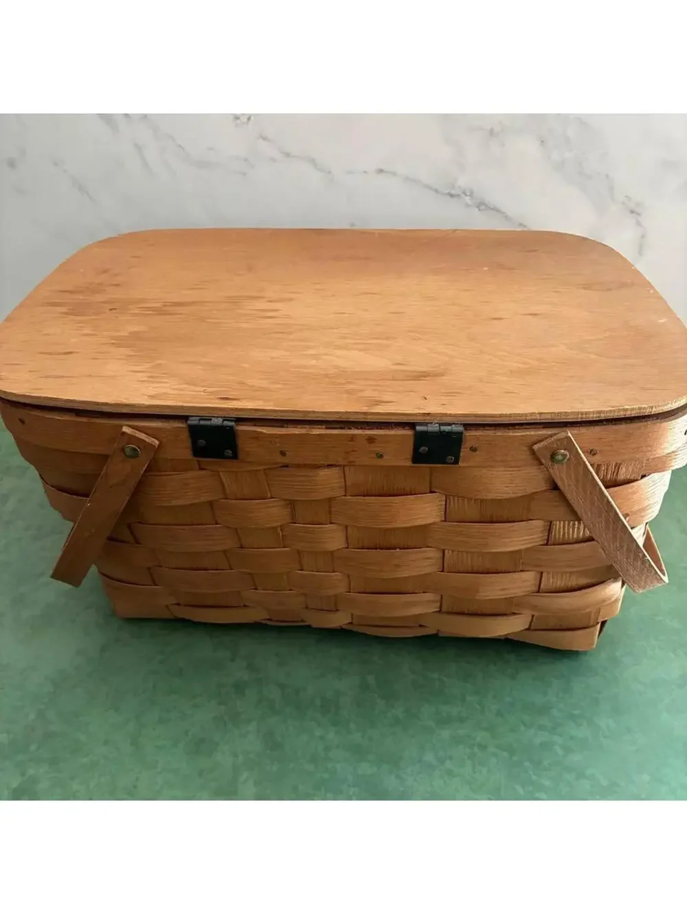 Vintage Basketville Putney Vermont Woven Wood Splint Picnic Basket With Lid